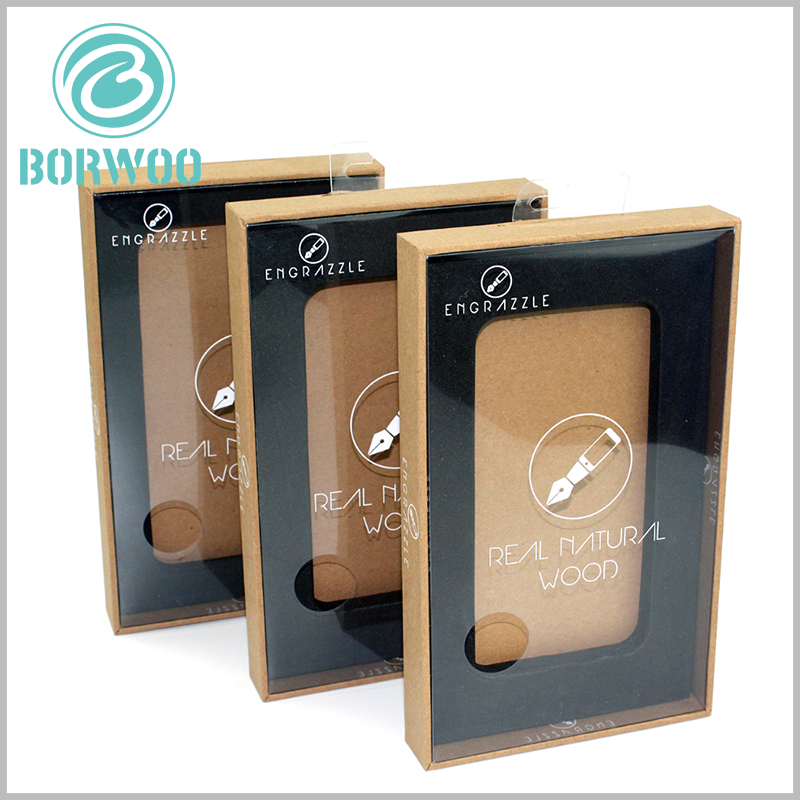 kraft tempered glass screen protector packaging boxes with windows. The brand name and product pictures are printed on the transparent windows of the window packaging.