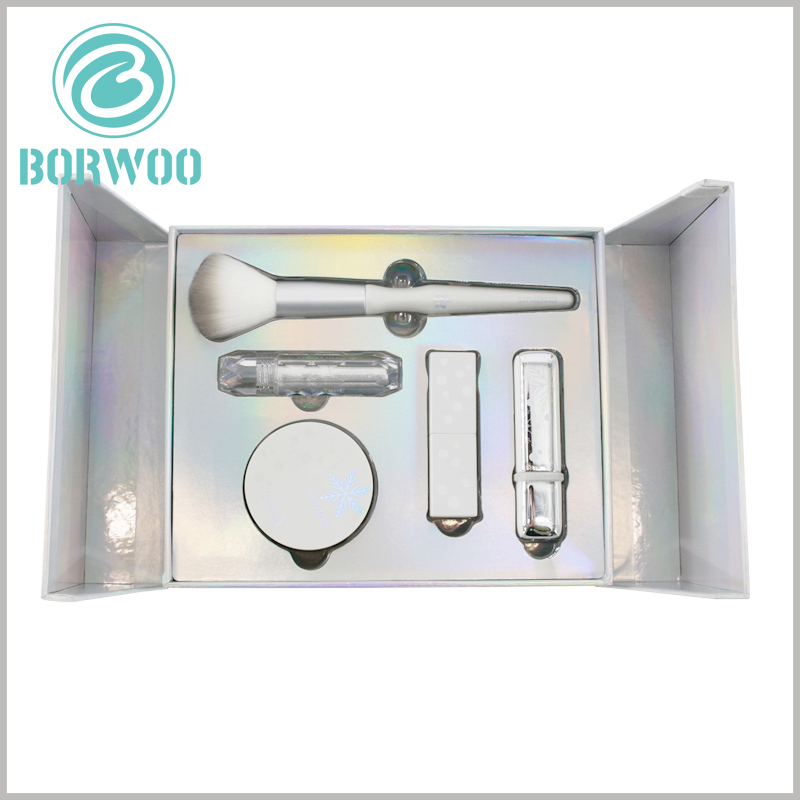luxury cosmetic gift boxes for 5 piece set. High-end white cardboard gift box, the insert inside the package can fix 5 different cosmetics in a specific position.