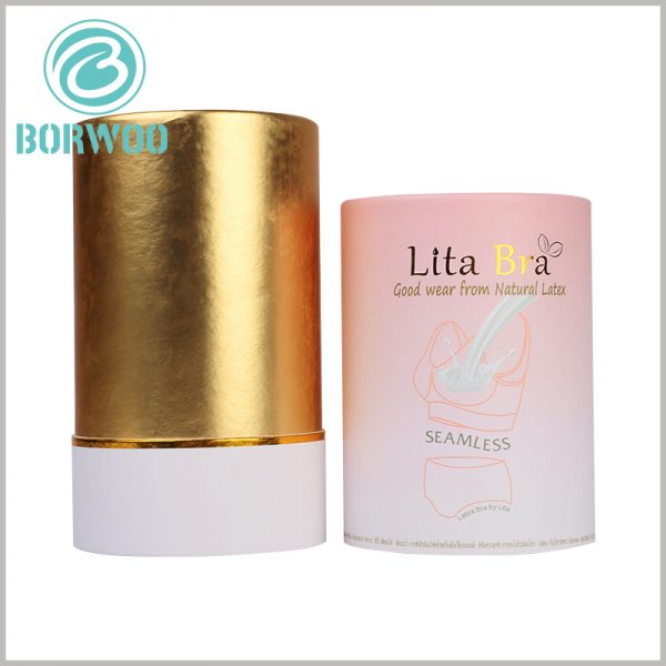 luxury paper tube box for bra packaging. Luxury gold cardboard is used as the laminated paper of the inner tube. Opening the tube packaging provides a luxurious visual experience, which is a good way to increase the value of the product.
