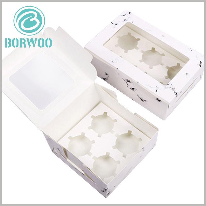 mini cupcake boxes with “white marbled road”. Food packaging is based on 350gsm single-powder paper as the raw material, giving customized packaging with foldable characteristics.