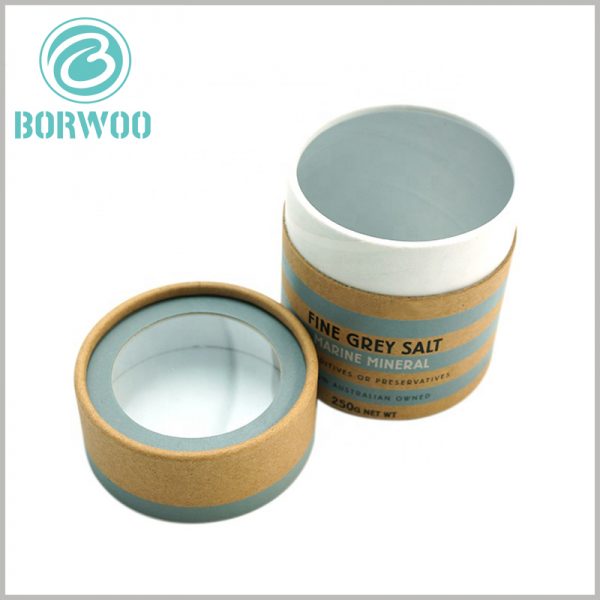 paper tube packaging for 250g sea salt with windows. Small round boxes with lids, a round transparent window is set on the top of the lid.