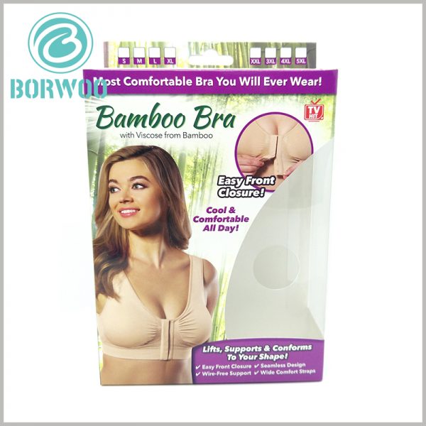 printable underwear bra packaging with windows. The windows of the custom packaging are irregular, and the underwear styles inside the packaging can be seen from the front and the side through the windows.