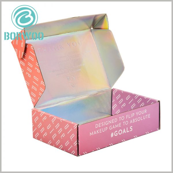 printed corrugated packaging for makeup boxes. The laser paper inside the box can emboss to print the brand name or related information to promote the brand.