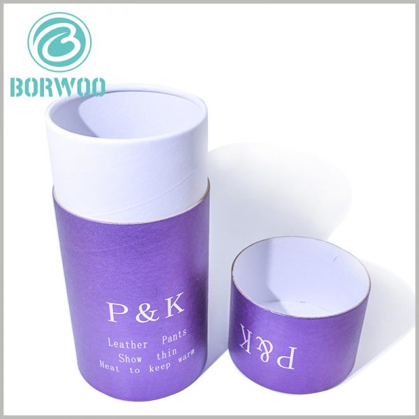 purple cardboard round boxes for leather pants packaging.The outer tube of cardboard cylinder packaging uses printed paper as laminated paper to improve the outer tube and display content of the packaging.