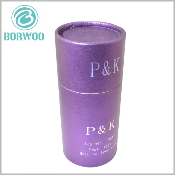 purple cardboard round boxes for pants packaging. Customize the brand information, product information and promotional slogans on the cylindrical packaging, using the hot silver printing process.