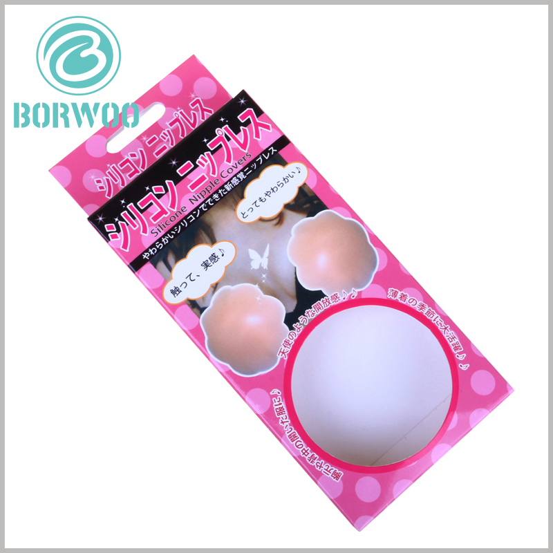 small Strapless bra packaging box with windows. There is a paper hook on the top of the customized package (connected to the main body of the package), which can hang the package and product for display.