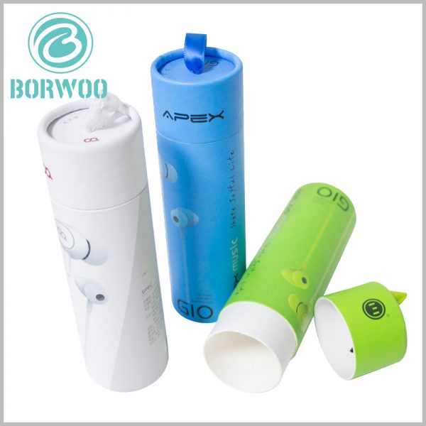 small paper tube boxes for earphone packaging. High-quality white cardboard is used as the main raw material of the paper tube, and the top and bottom edges of the cylindrical packaging are all rolled up