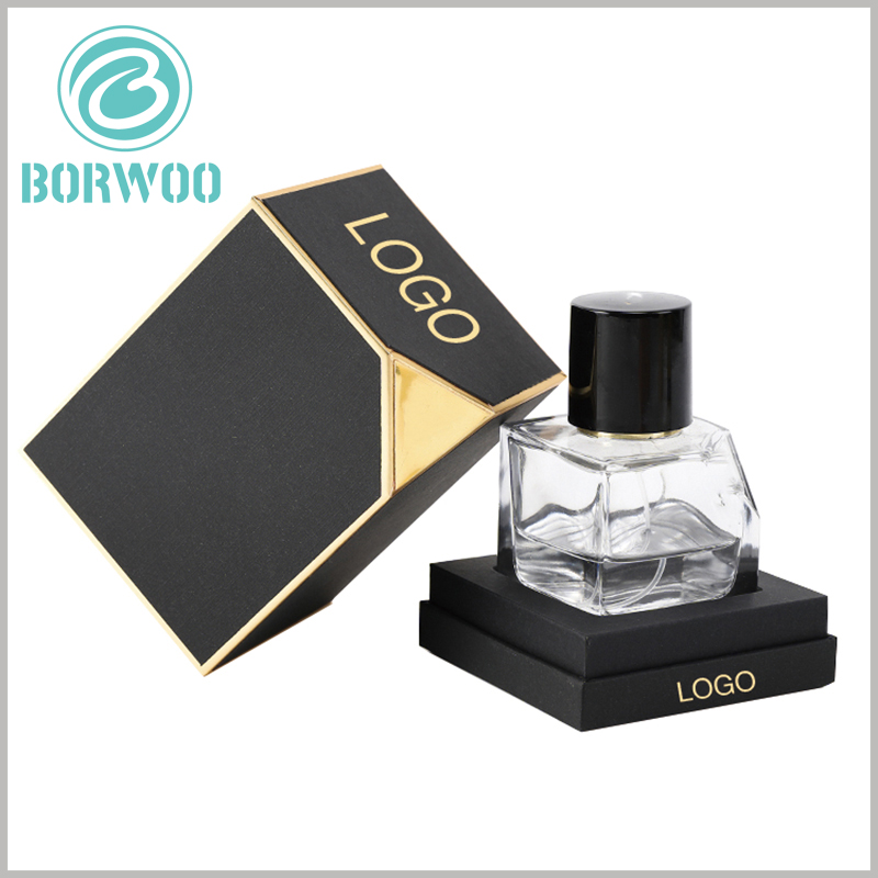 small perfume gift boxes with logo. The customized perfume box packaging uses 1200gsm gray board paper, tactile paper, and black EVA as raw materials. The packaging is robust and can protect fragile glass bottles.
