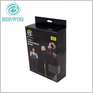 sports resistance band packaging. There is a paper label hook on the top of the sports packaging boxes, which is convenient for the products to be hung on the shelves for display.