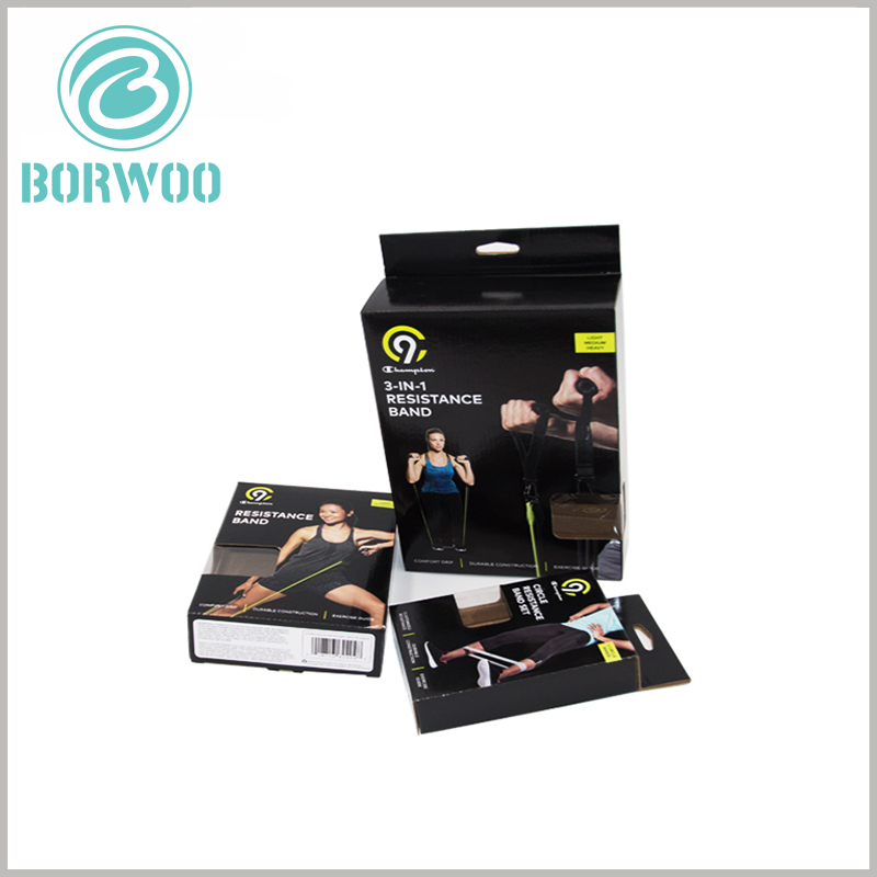sports resistance band packaging boxes. The black packaging box can be printed with product-related patterns and text to promote the product.