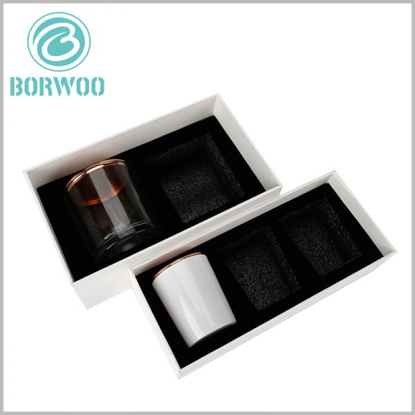 white cardboard candle box packaging for 2 or 3 jars. Flocking EVA is placed inside the package to fix the candle jar container so that it will not move freely.