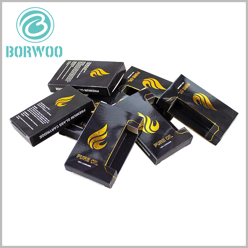 wholesale small boxes for cannabis oil packaging. On the back of the small black packaging boxes, detailed text is printed to illustrate the product.