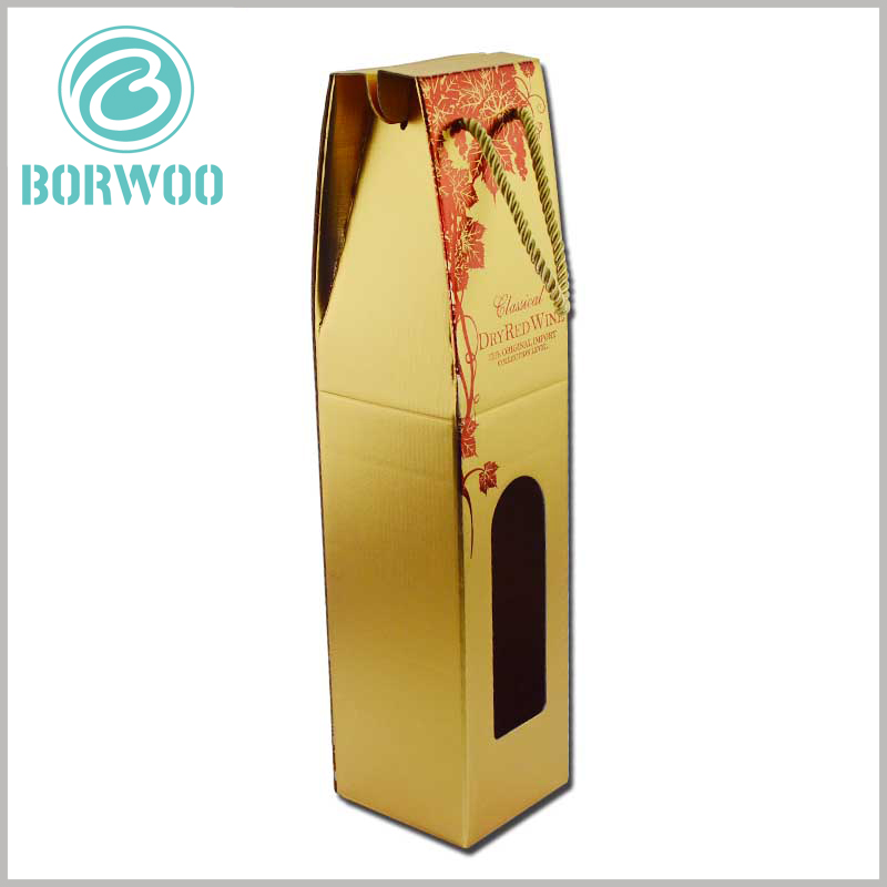 Wine corrugated boxes packaging with hand rope, the printed content on the gold card paper makes the overall packaging more high-end